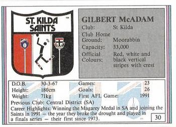 1992 AFL Regina #30 Gilbert McAdam Back